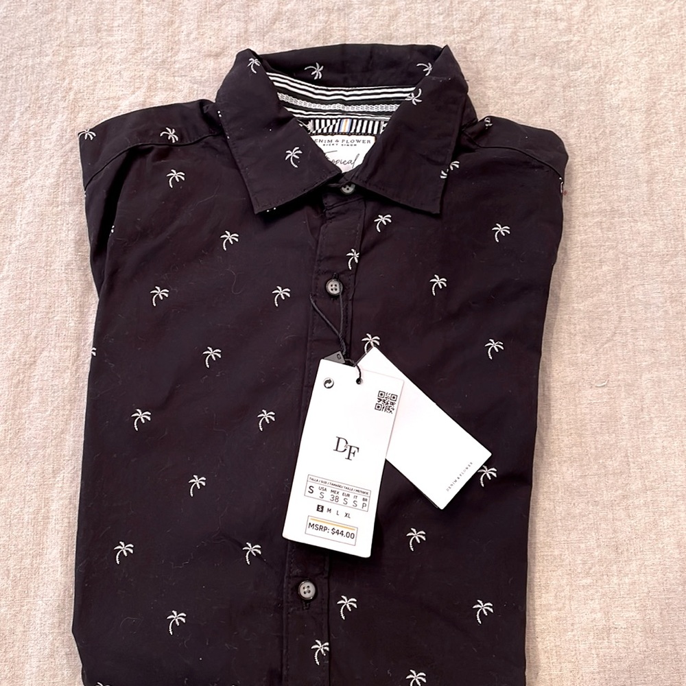 Denim and Flower Ricky Singh Tropical Collection. Black with white palm trees.